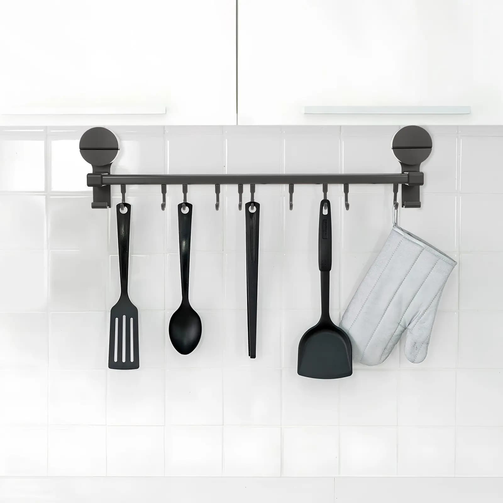 Hanging Kitchen Utensil Rack 10 Hooks Wall Mounted Organizer Suction Cup Sliding Rail Holder Towel Spoon Tool Storage