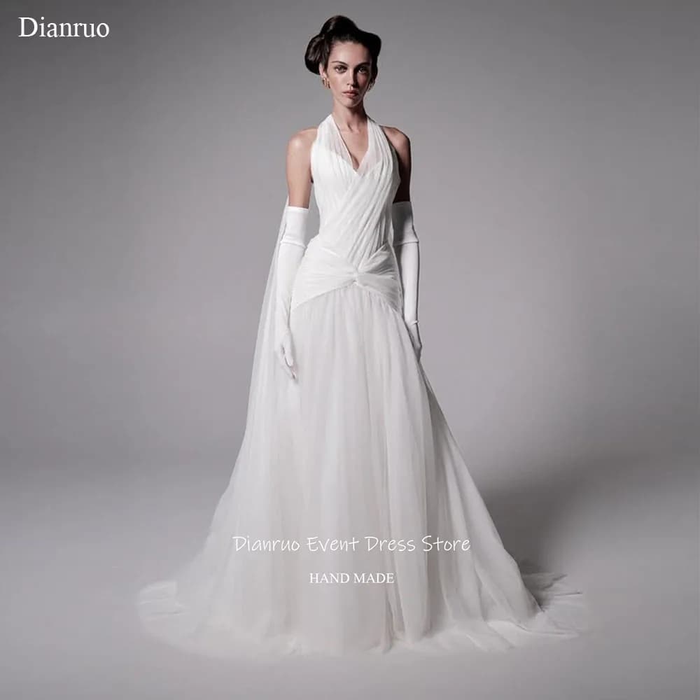 Dianruo Abiti da sera bianchi con scollo all'americana Flowy A Line Abiti da sposa Abiti in chiffon con scollo a V increspato per le donne Personalizzati