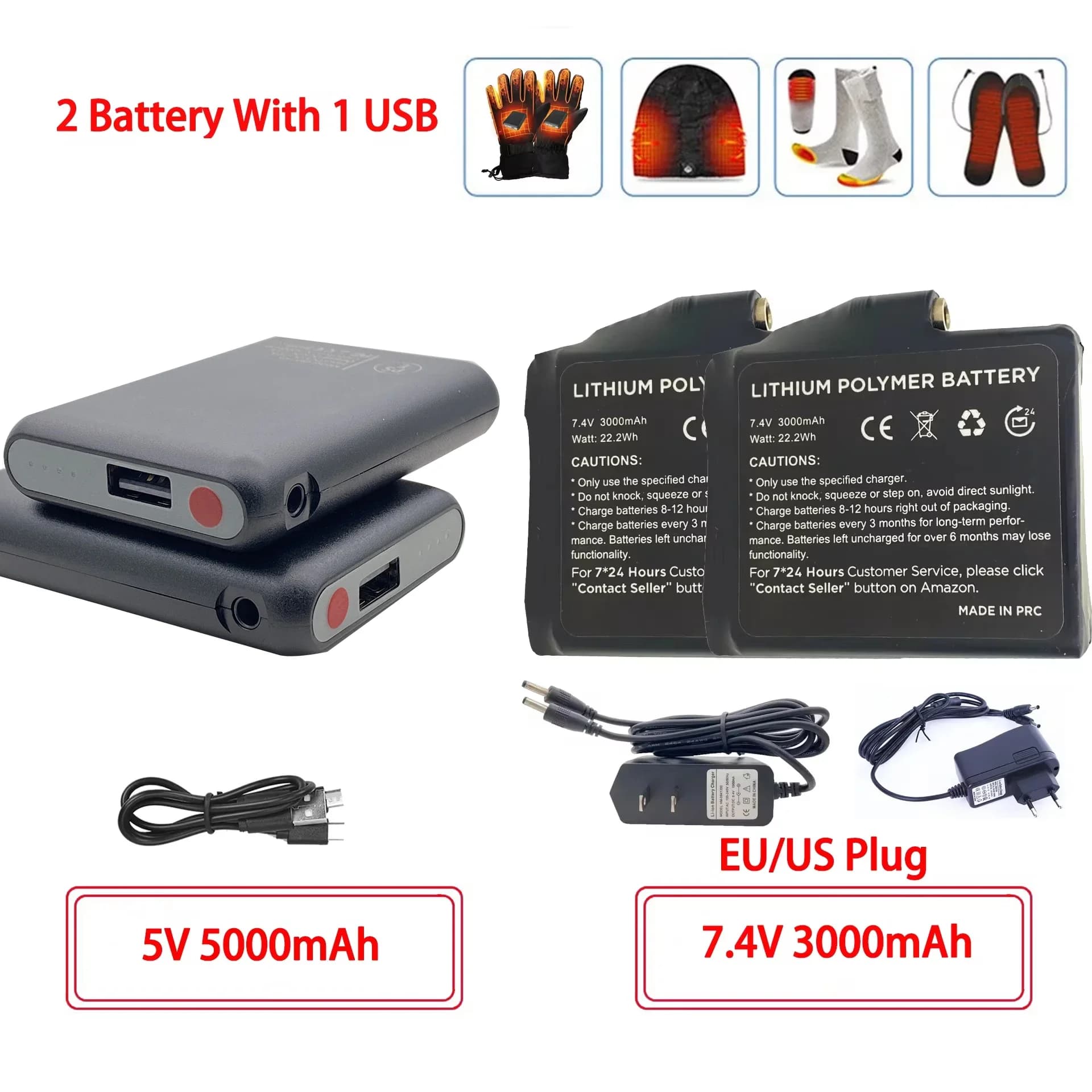Calzini riscaldati invernali Batterie 7.4V 3000mah 5V 5000mah Batteria per moto Guanti caldi Vestiti Cappello Caricatore Accumulatori e caricabatterie di riserva