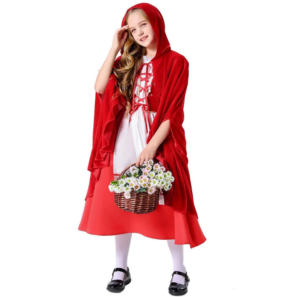 Costume da Cappuccetto Rosso per Bambine, Abito per Feste, Spettacoli Teatrali, Travestimento di Halloween con Mantello