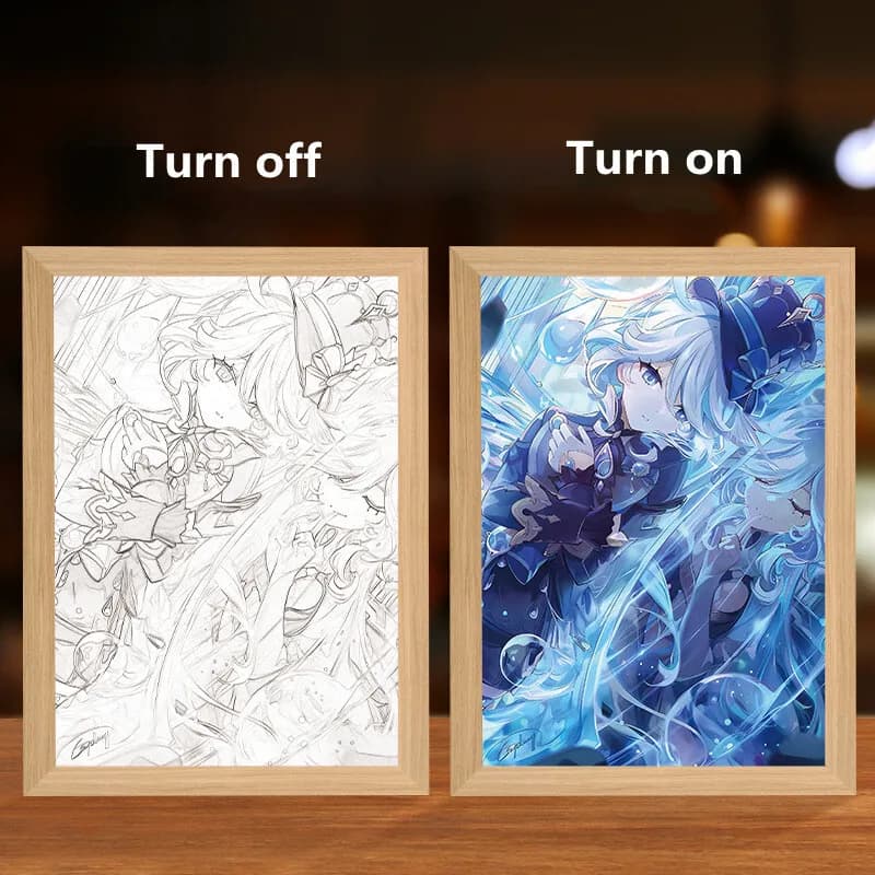 Genshin Impact Figura Luce a LED Pittura con cornice Furina Hu Tao Wanderer Anime Poster Wall Art Room Decor Lampada da notte da scrivania