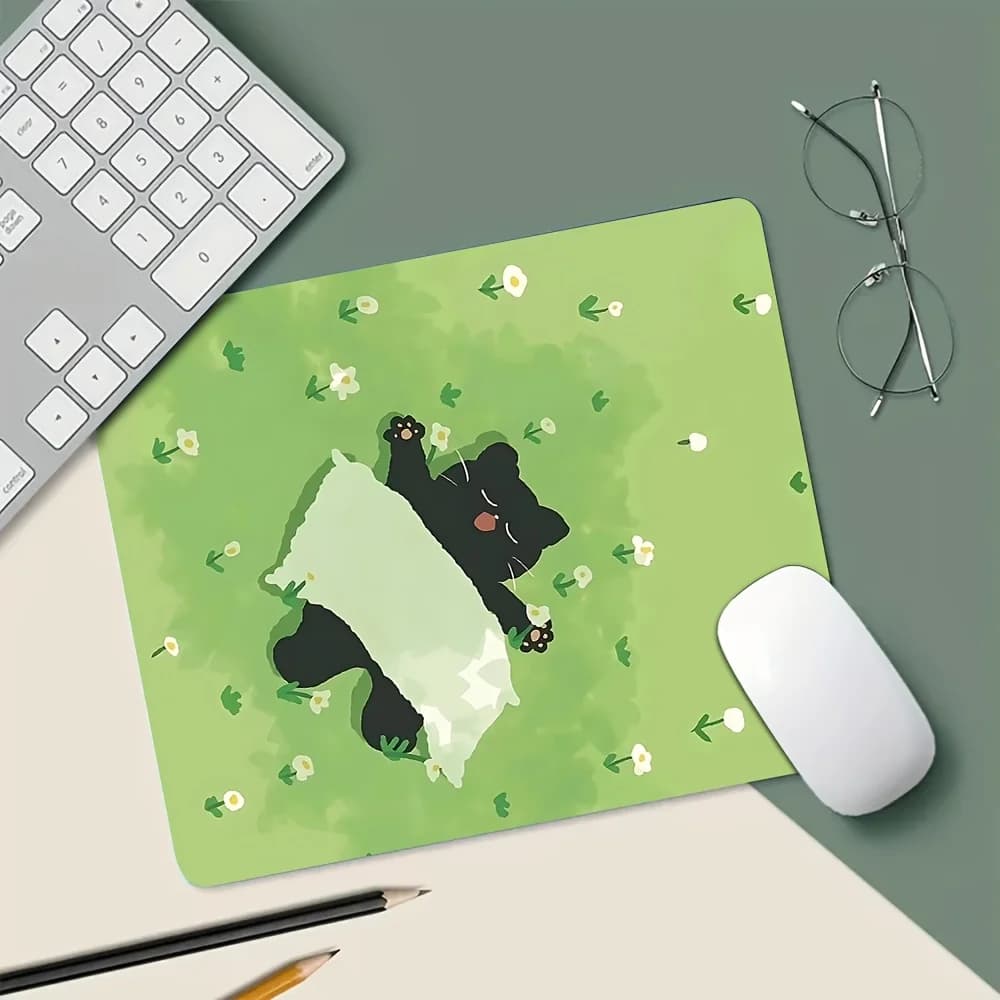 Tappetino per mouse in gomma serie Green con cartone animato gatto nero, base antiscivolo, ideale per ufficio, studio e giochi, portatile e di lunga durata