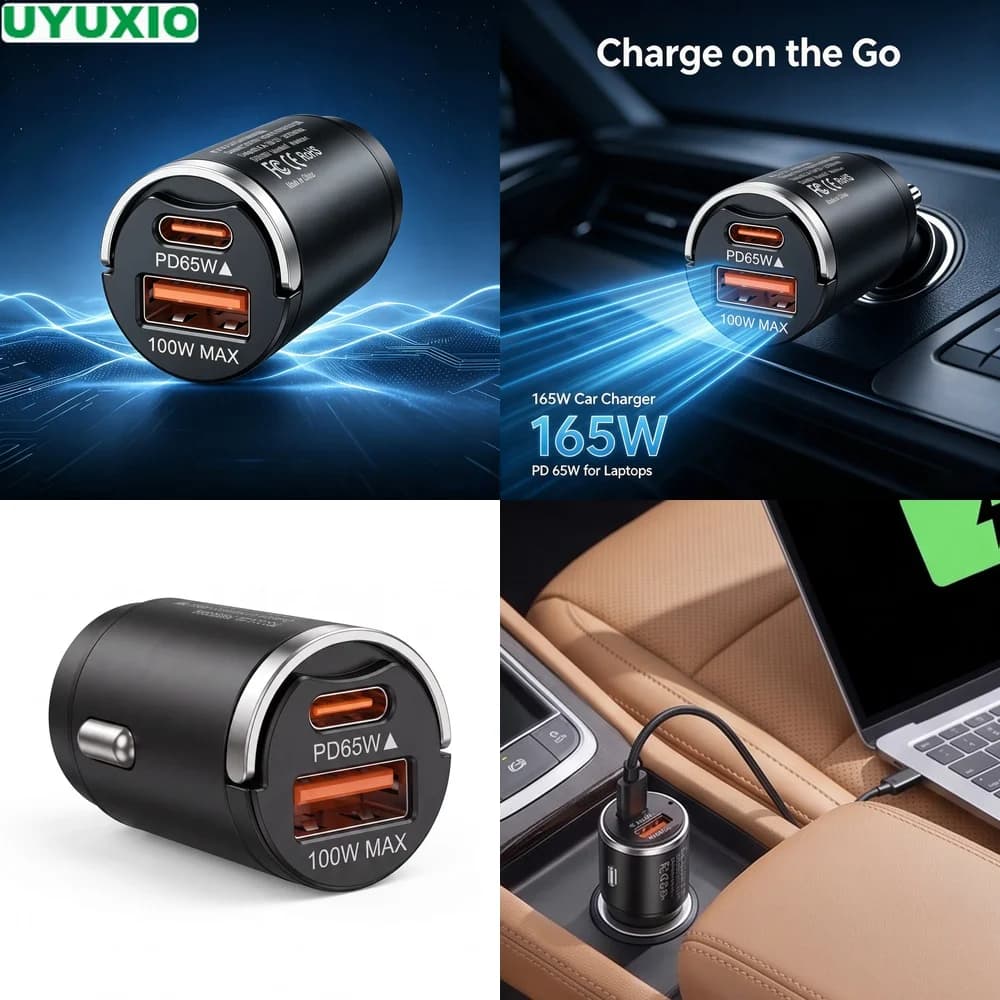 165W High Power Car Charger PD 65W USB C and 100W USB A Charging Low Profile Zinc Alloy Design for Cars Trucks SUVs and Vans