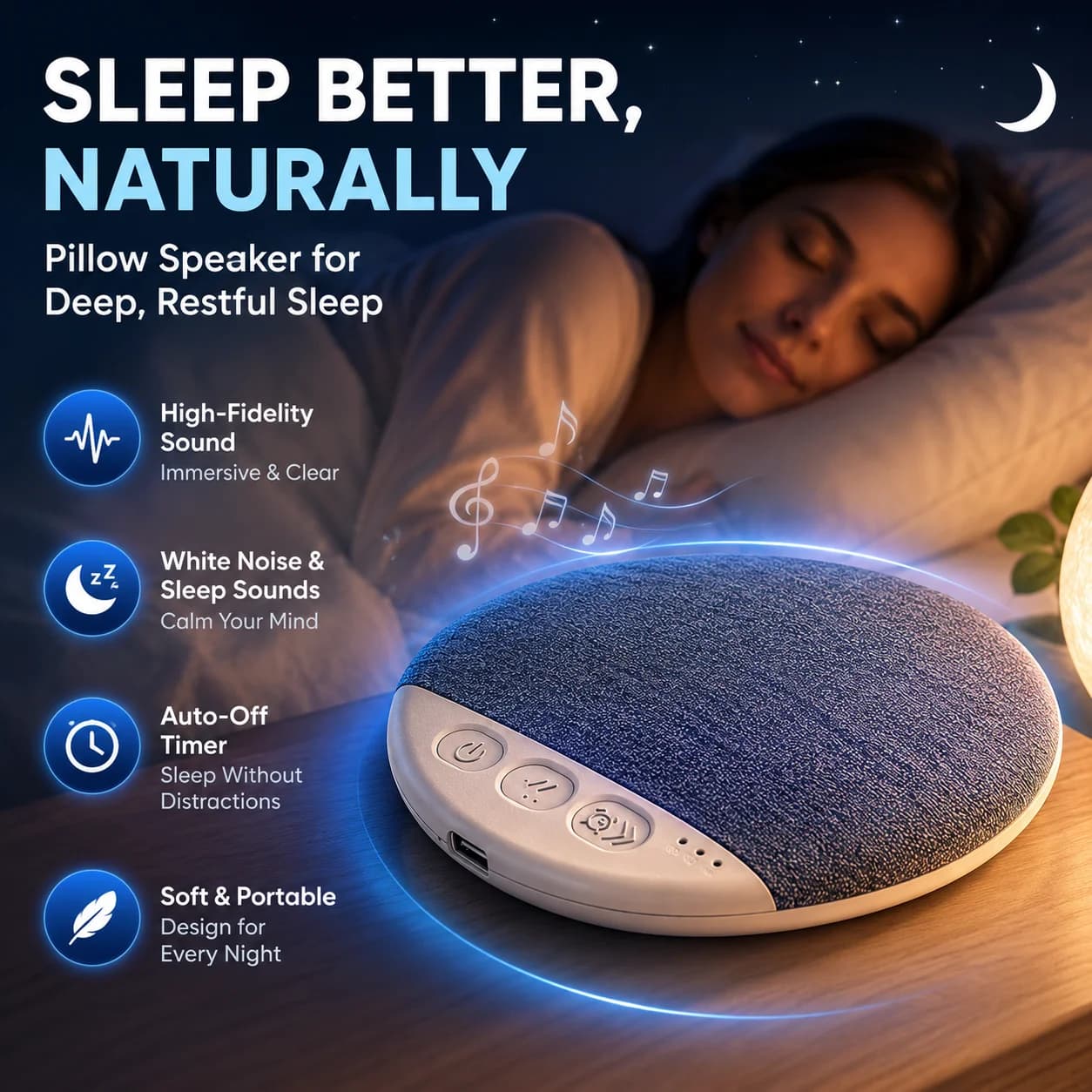 Altoparlante da Comodino Multifunzione con Bluetooth e Musica, Audio per Dormire con Rumore Bianco, Regalo Perfetto per un Sonno Immersivo