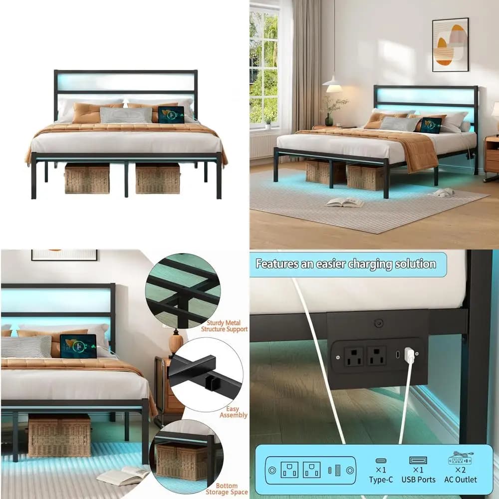 Black Resistant Steel LED Bed Structure With Headboard, USB Doors, Mattress Support, Inlet Container, No Springs Needed