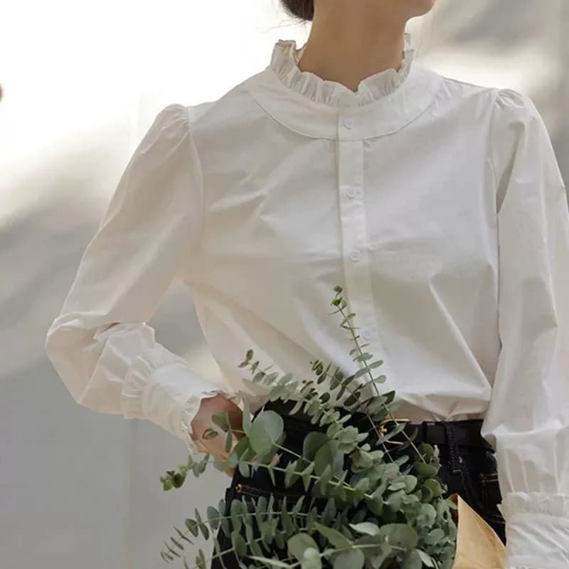 Camicie da donna primavera estate Moda colletto alla coreana con volant camicette in chiffon da donna eleganti camicie bianche a maniche lunghe stile francese