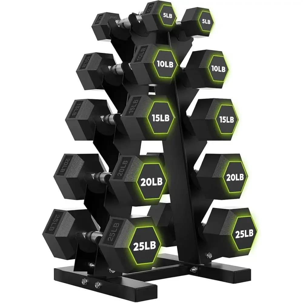 Hex Dumbbells with A-E Rack, 100-600 lb Weight Options, Non-Rolling Hexagon Design, Comfortable Grip for Home Gym Use