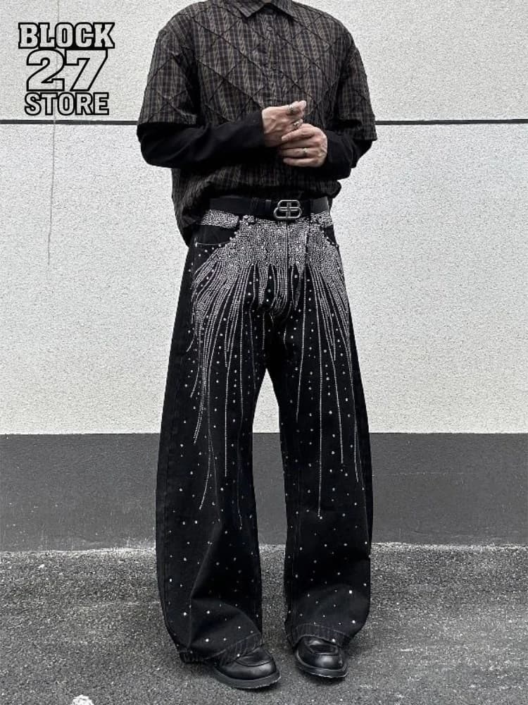 Jeans da uomo Harajuku American Bling strass stella lavata pantaloni in denim curvo streetwear pantaloni larghi a gamba larga moda