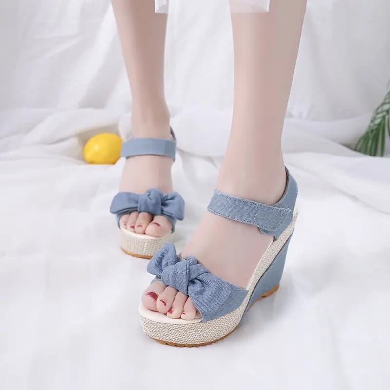 Sandali con plateau da donna nuovissimi Sandali con fiocco alla moda Colori misti Zeppe Tacchi alti Sandali con bocca di pesce da donna Scarpe da festa casual