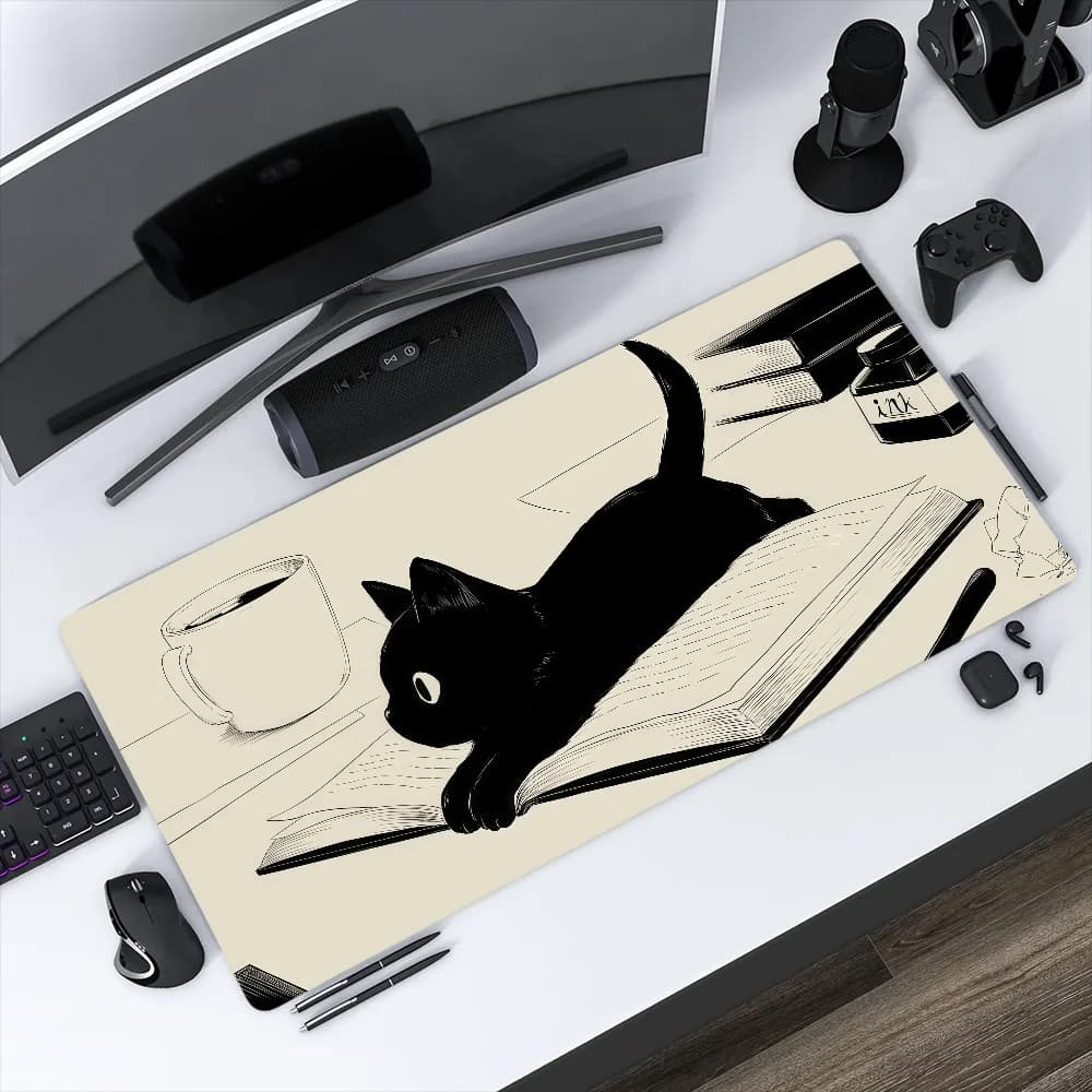 Tappetino per Mouse a Forma di Gatto, Antiscivolo, Nero, con Bordo Cucito, per Ufficio, Studenti, Gaming, Spesso, Grande, Carino, per Scrivere