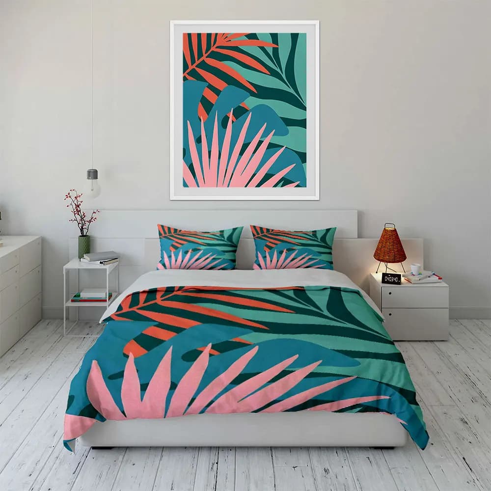 3Pcs Abstract Tropical Leaves Bedding Set, Modern Geometric Palm and Monstera Print Duvet Cover + 2 Pillowcases,Hoom Decor