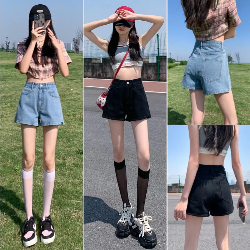 Retro High Waist A-Line Denim Shorts Women Loose Slimming Casual Hot Pants Blue Black Comfortable Breathable Summer Shorts