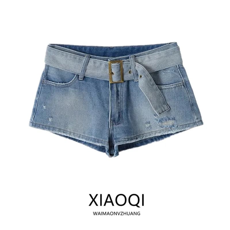 Low Waist Denim Shorts with Belt Casual Ripped Jeans Low Waist New Arrival Summer Ladies Straight Leg Slightly Stretchy