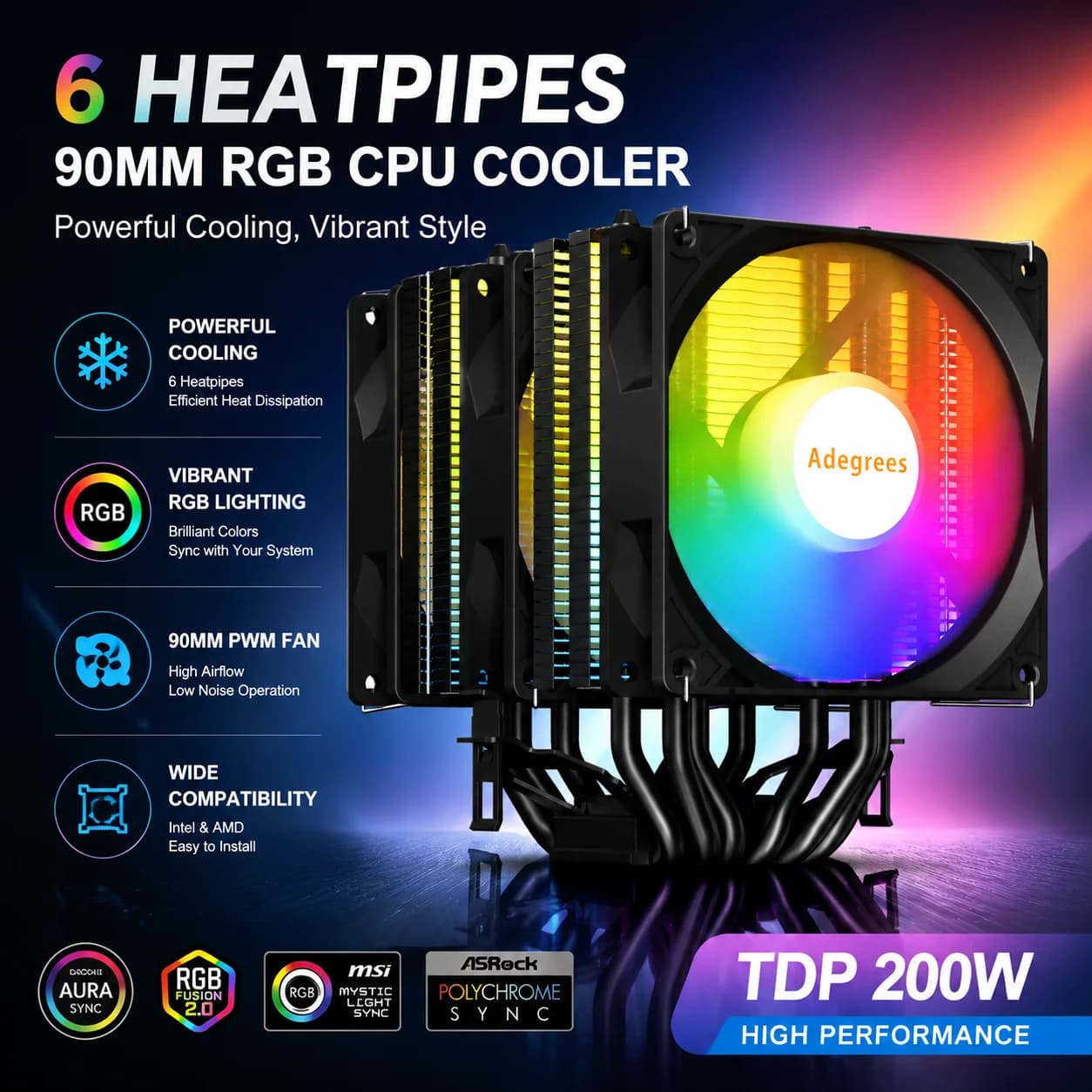 RGB CPU Cooler AM4 6 Heat Pipe Silent CPU Air‑Cooling Fan For LGA1700 1200 115X 2011 1366 X79 775 X99 AMD AM5 Ventilador