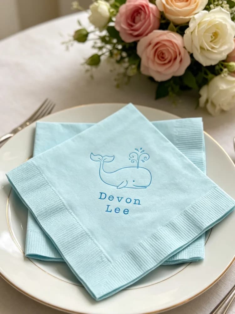 Personalized Baby Whale Baby Shower Cocktail Beverage Napkins Custom Light Blue 3 Ply Paper Napkins Bright Blue Ink Print