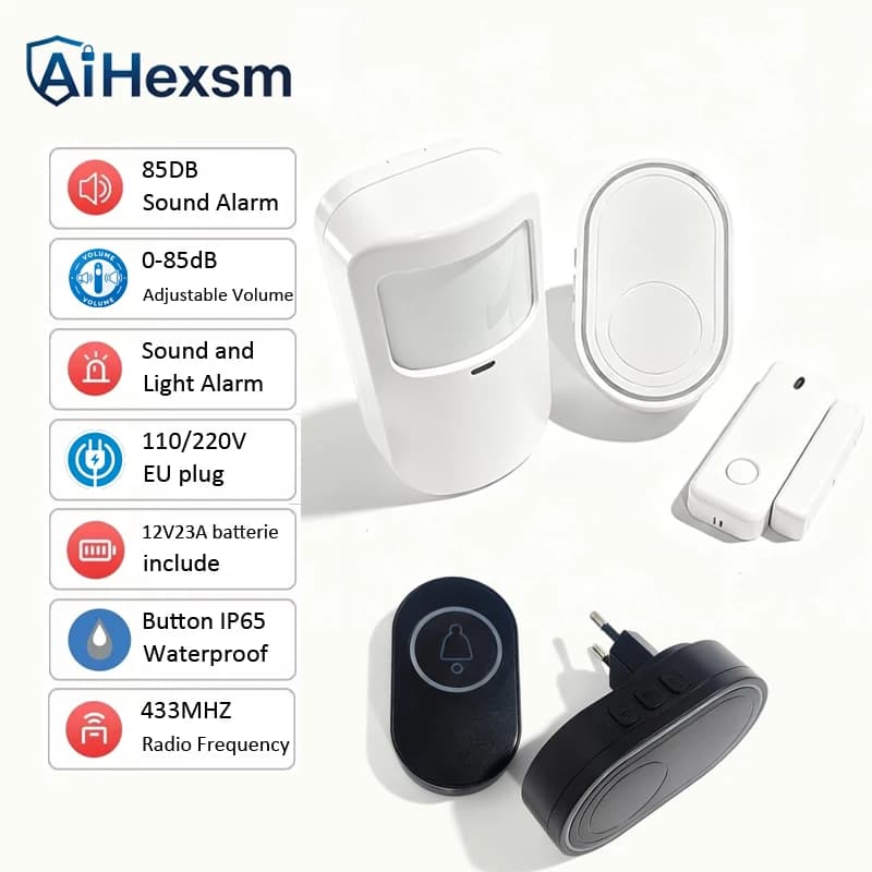 Allarme Wireless per Porte e Finestre con Sensore di Movimento PIR, Campanello Intelligente con 39 Suonerie, Spina EU
