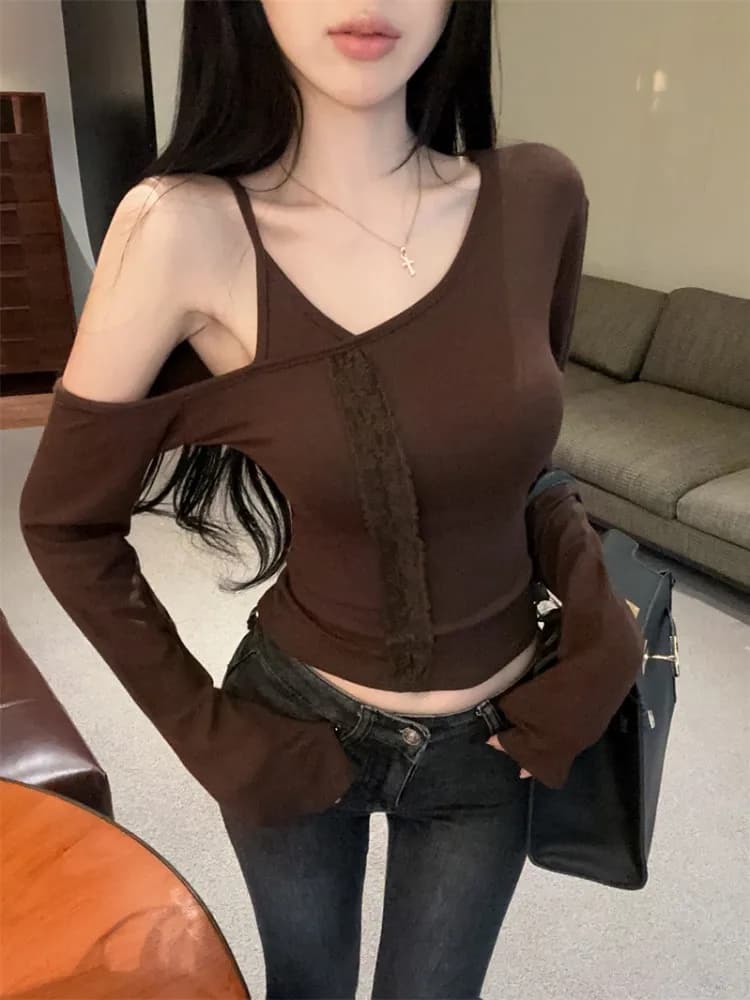 Maglia intima da donna in pizzo, senza maniche, a manica lunga, autunno inverno, Pure Desire, sexy, monospalla, top base.