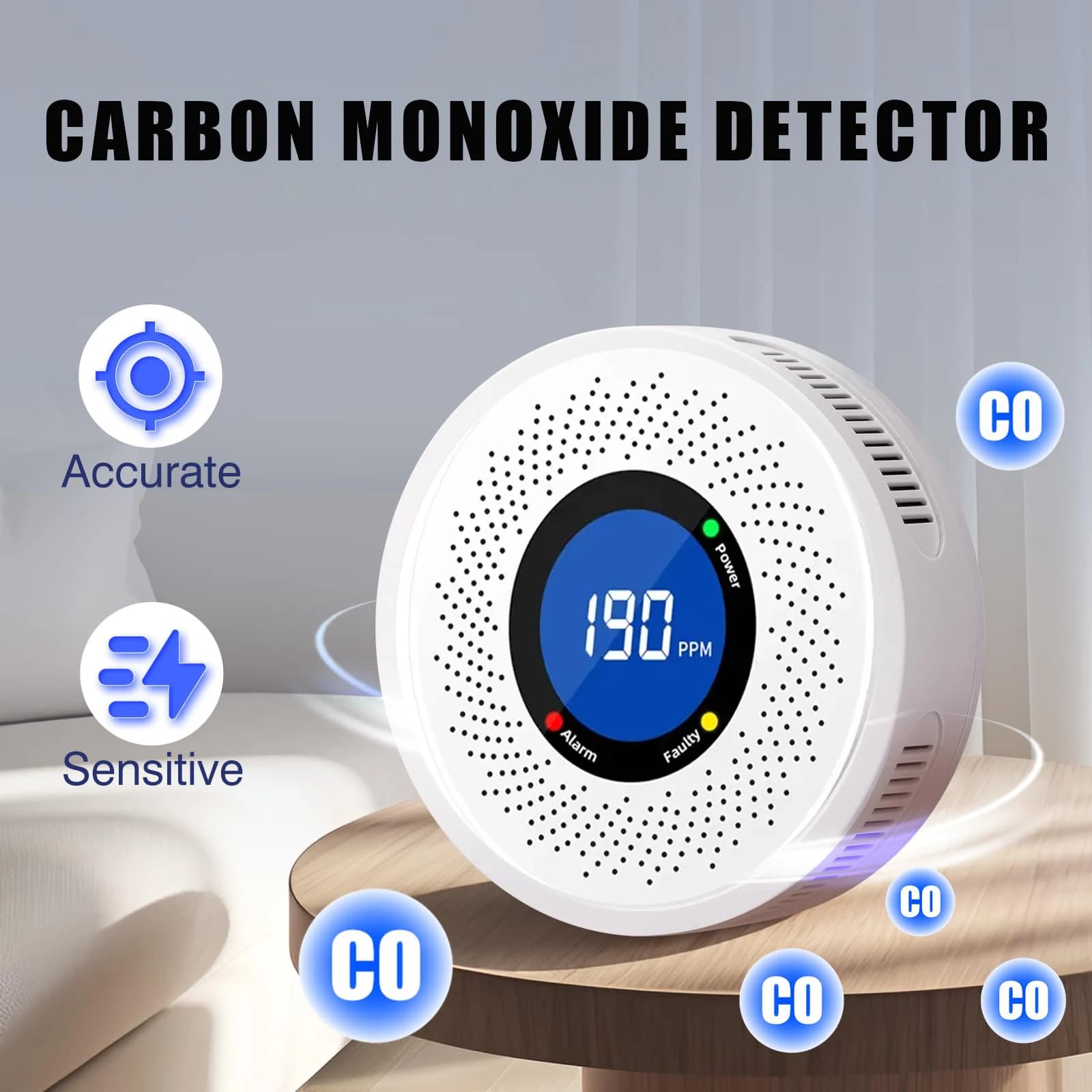 Rilevatore intelligente di monossido di carbonio con ampio display LCD Allarme rilevatore di CO domestico alimentato a batteria sostituibile per la cucina domestica