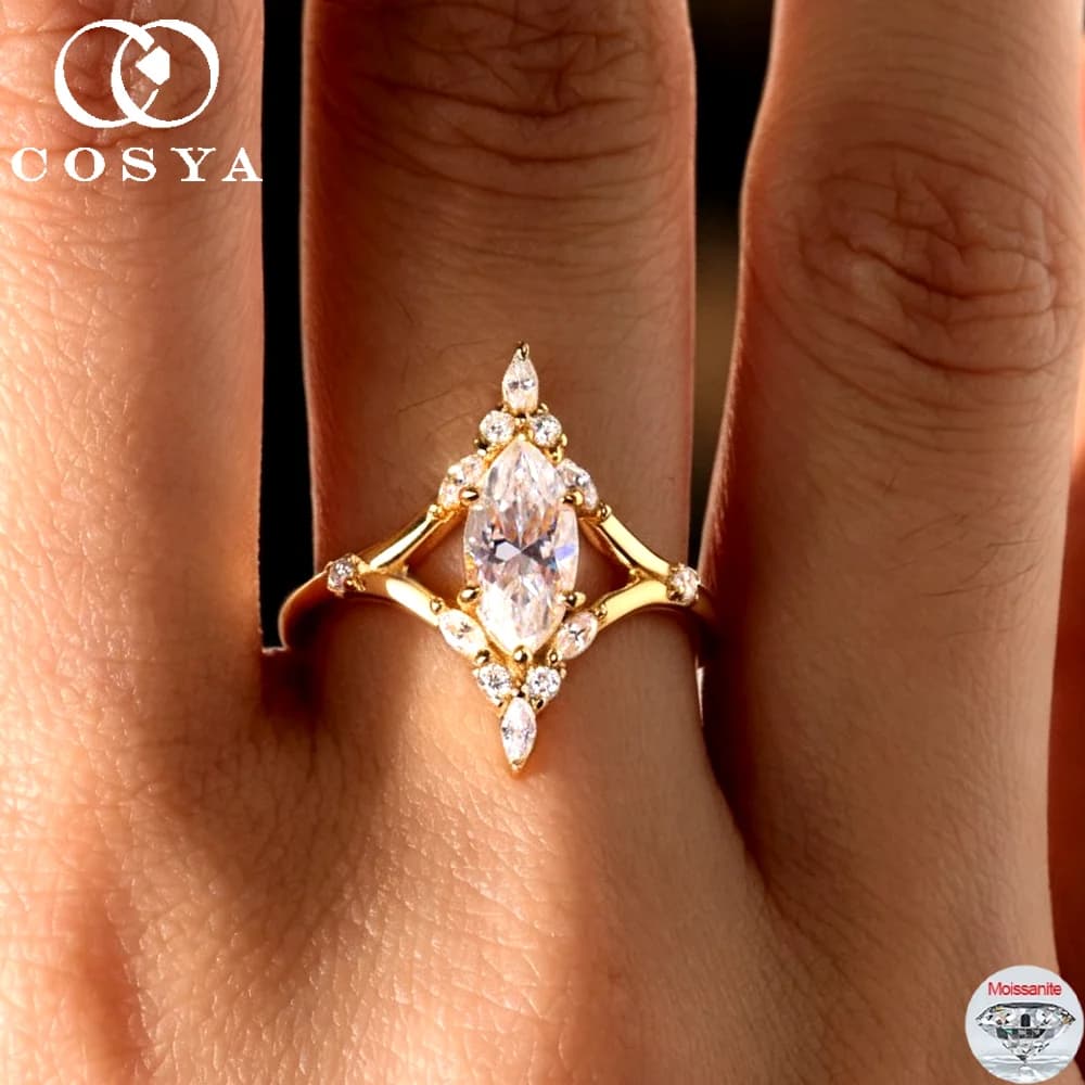 COSYA 1CT 5*10mm Marquise Cut Moissanite Rings For Women S925 Silver Plated 18K Gold D VVS Luxury Wedding Band Fine Jewelry