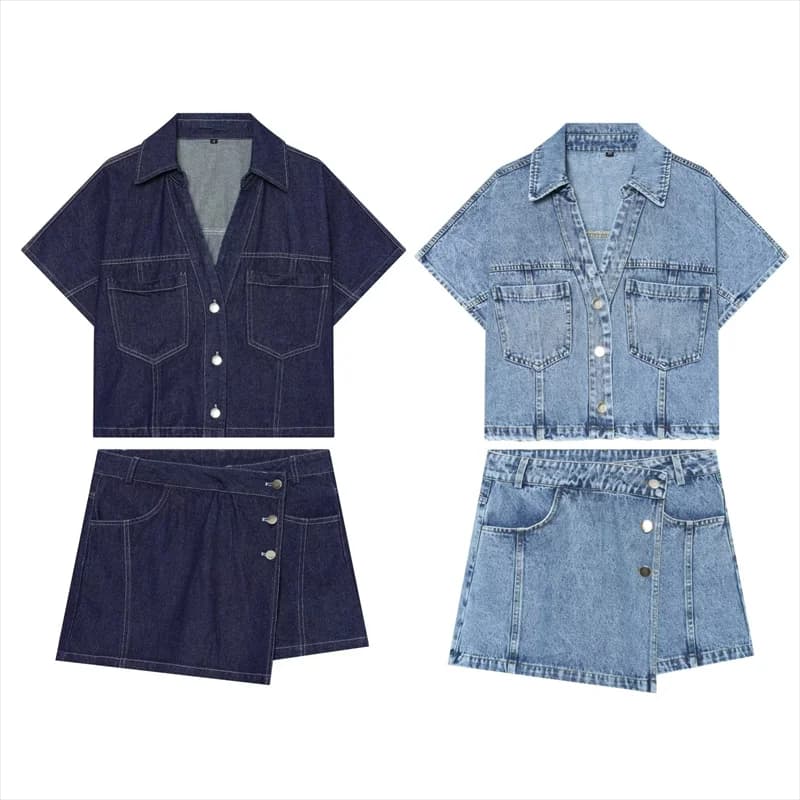 Abbigliamento Donna ZYIG: Nuovi Arrivi Estate 2026 - Camicia Corta in Denim Elegante e Chic - Pantaloni Gonna in Denim Asimmetrici