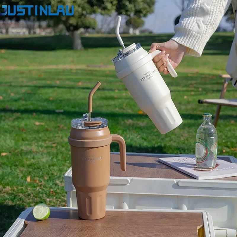 JUSTINLAU 50OZ Insulated Cup 304 Stainless Steel Vaccum Flask with Handle ＆Straw Portable Ice Tumbler Outdoor Travel Car Cups