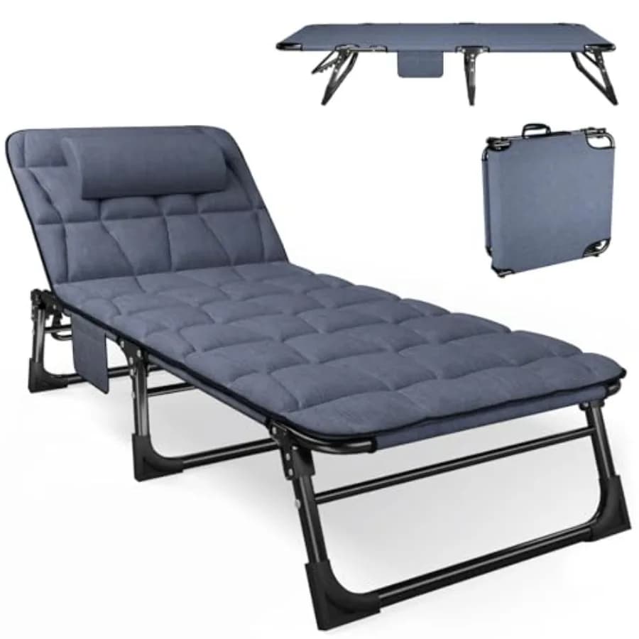 Folding Camping Cot for Adults with Padded Mattress and Pillow Adjustable Reclining Lounger Sleeping Cot Bed Ideal for Camping