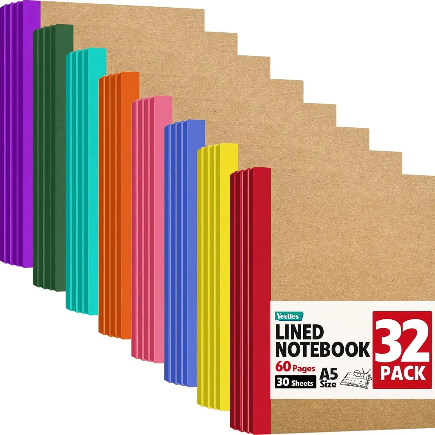 Confezione da 32 Quaderni A5 in Carta Kraft, 8 Colori, 60 Pagine, Diari a Righe per Scuola, Ufficio e Viaggi