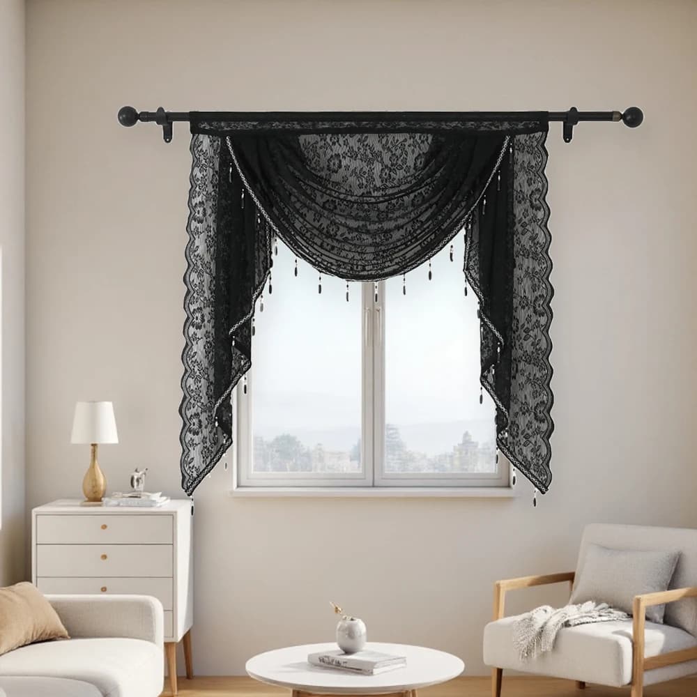 [Vintage Curtain] 1pc Semi-Sheer Polyester Vintage Style Hand-Embroidered Floral Valance Curtain | Unlined, Rod Pocket Hanging,