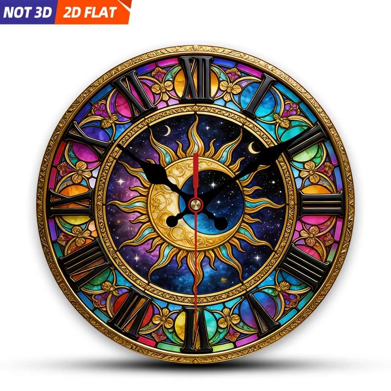 2D Piatto. 1 pezzo. Orologio da parete a tema Sole, Luna e cielo stellato, orologio decorativo silenzioso, orologio da parete creativo, adatto per la camera da letto, Li