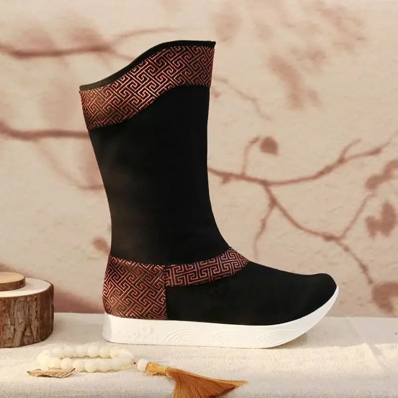 Men's high boots with horse face skirt Spring Autumn New thick sole Ethnic style Retro Slip On Canvas Boots Hanfu official boots