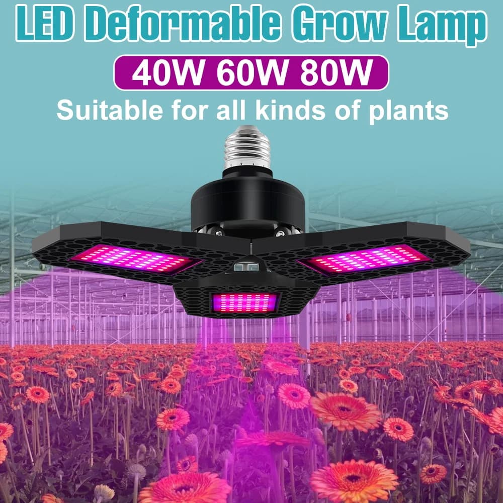 Lampada LED Pieghevole a Spettro Completo 80W per Coltivazione, E27/E26, Illuminazione per Serre, Semenzai, Frutta, Verdura e Fiori