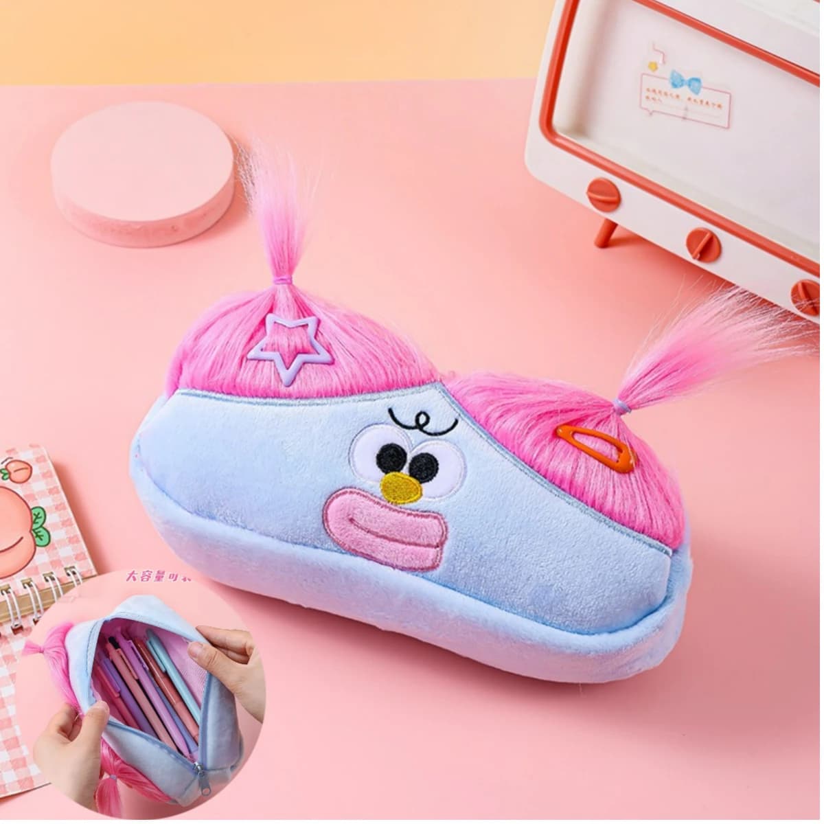 Kawaii Funny Big Capacity Plush Pencil Bag Creative Cute Cartoon Long Hair Doll Pen Bag for Girl School Stationery Organizer
