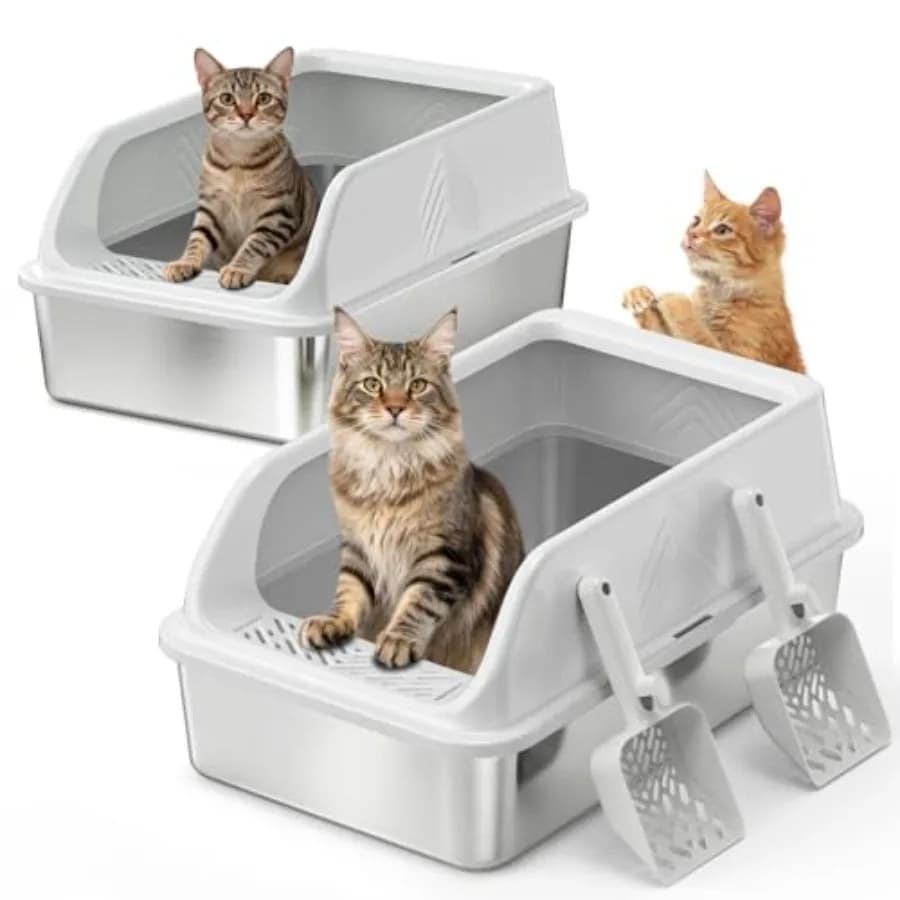 2 Pack XL Stainless Steel Litter Box, Metal Cat Litter Boxes with Lid, High Sided Enclosed Litter Boxes for Big Cat and Multipl