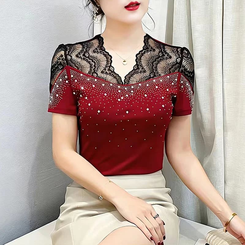 T-shirt Donna Estiva 2026 Nuova Moda Coreana con Rete Diamantata, Scollo a V, Maniche Corte e Pizzo Patchwork
