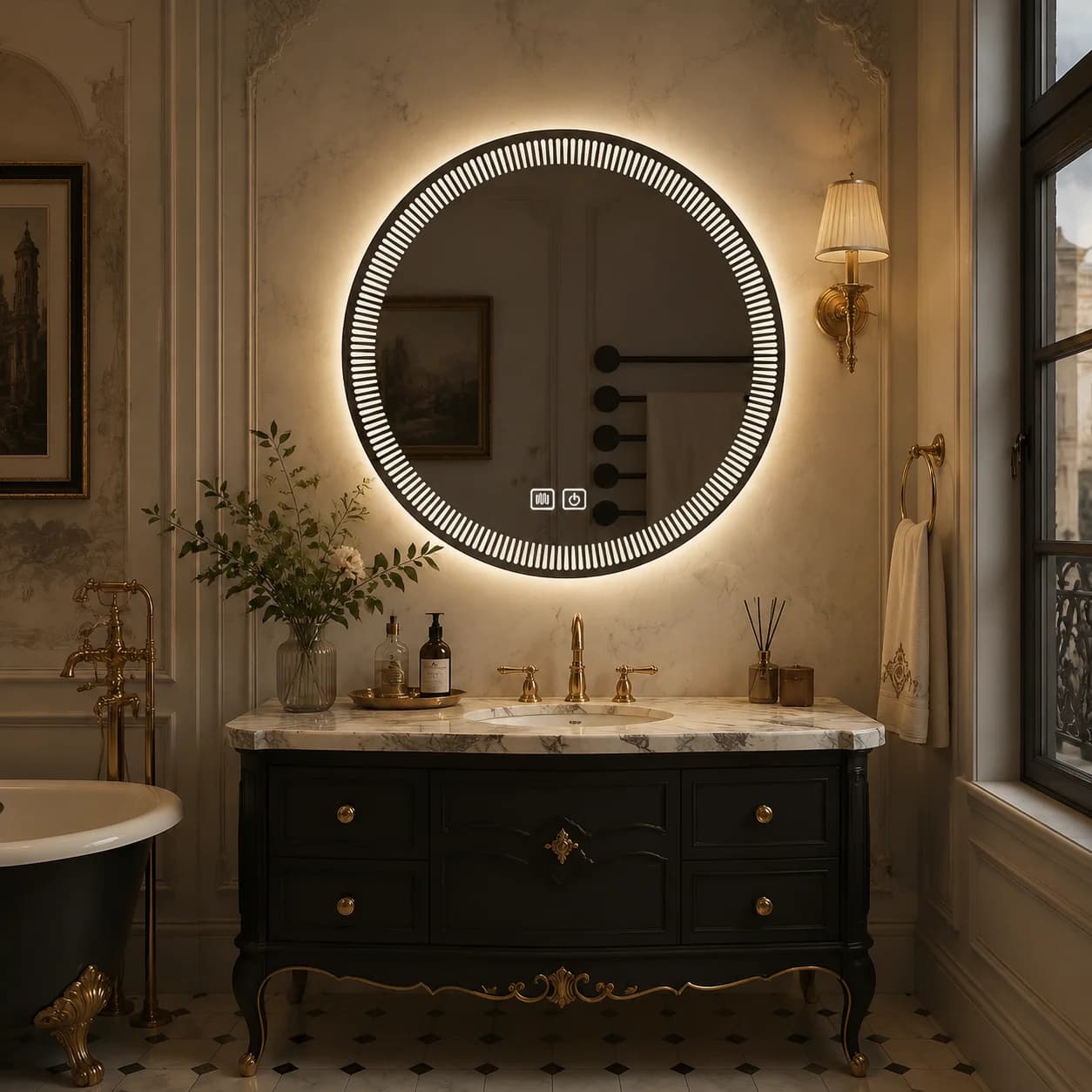 80CM Round LED Bathroom Mirror Smart HD Vanity Mirror Backlit Wall Mounted Washstand Mirror for Modern Bathroom