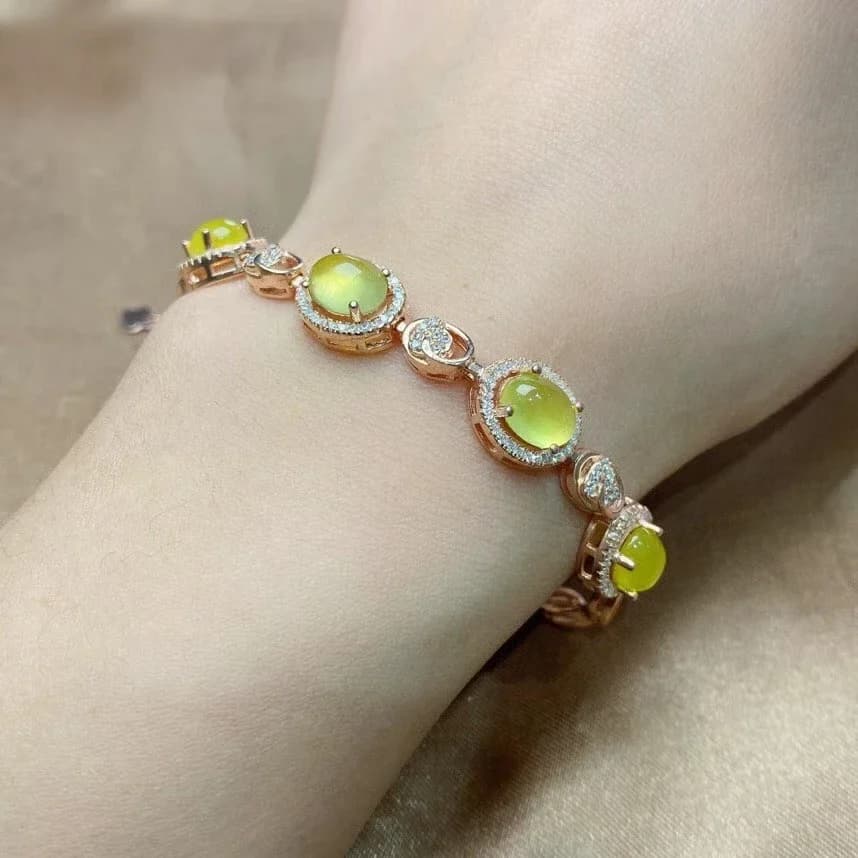 Bracciale Prehnite in argento Classic925 per la festa Bracciale in argento Prehnite giallo naturale da 6 mm * 8 mm Bracciale in argento sterling con pietre preziose