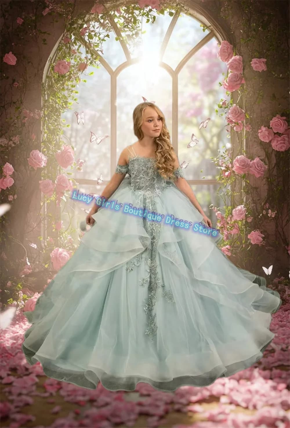 Abito da ragazza di fiori con spalle scoperte in tulle di pizzo stampato principessa festa di nozze ballo abiti da prima comunione abiti di compleanno
