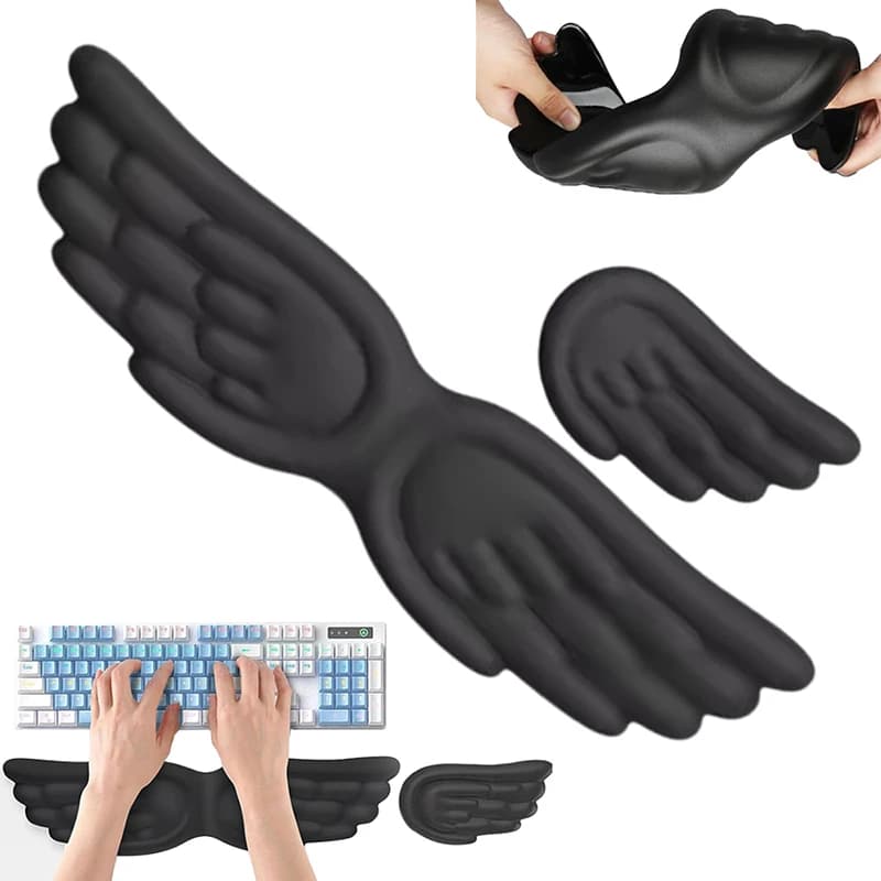 Supporto per poggiapolsi lungo per tastiera Supporto per tappetino per mouse per tastiera in silicone morbido antiscivolo a forma di ali d'angelo 3D