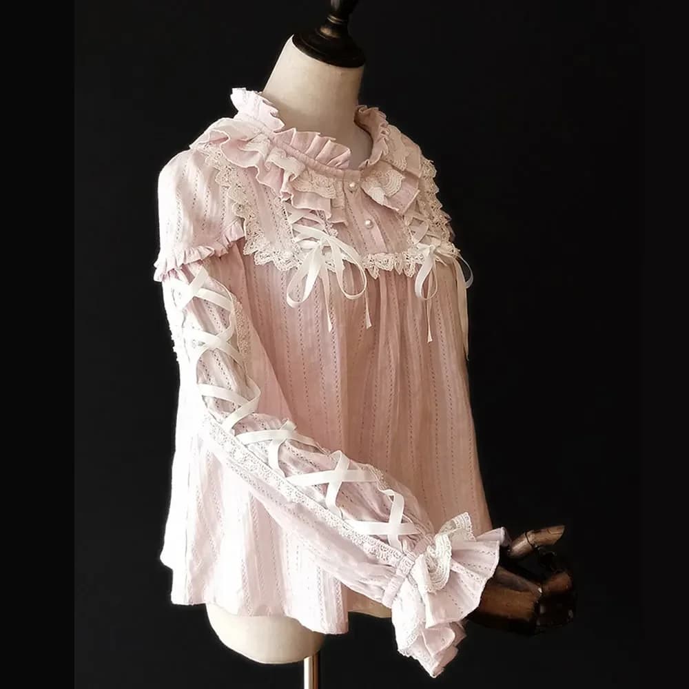 Warm Milk Tea ~ Sweet Women's Ruffled Blouse Long Sleeve Jacquard Striped Blouse by Infanta