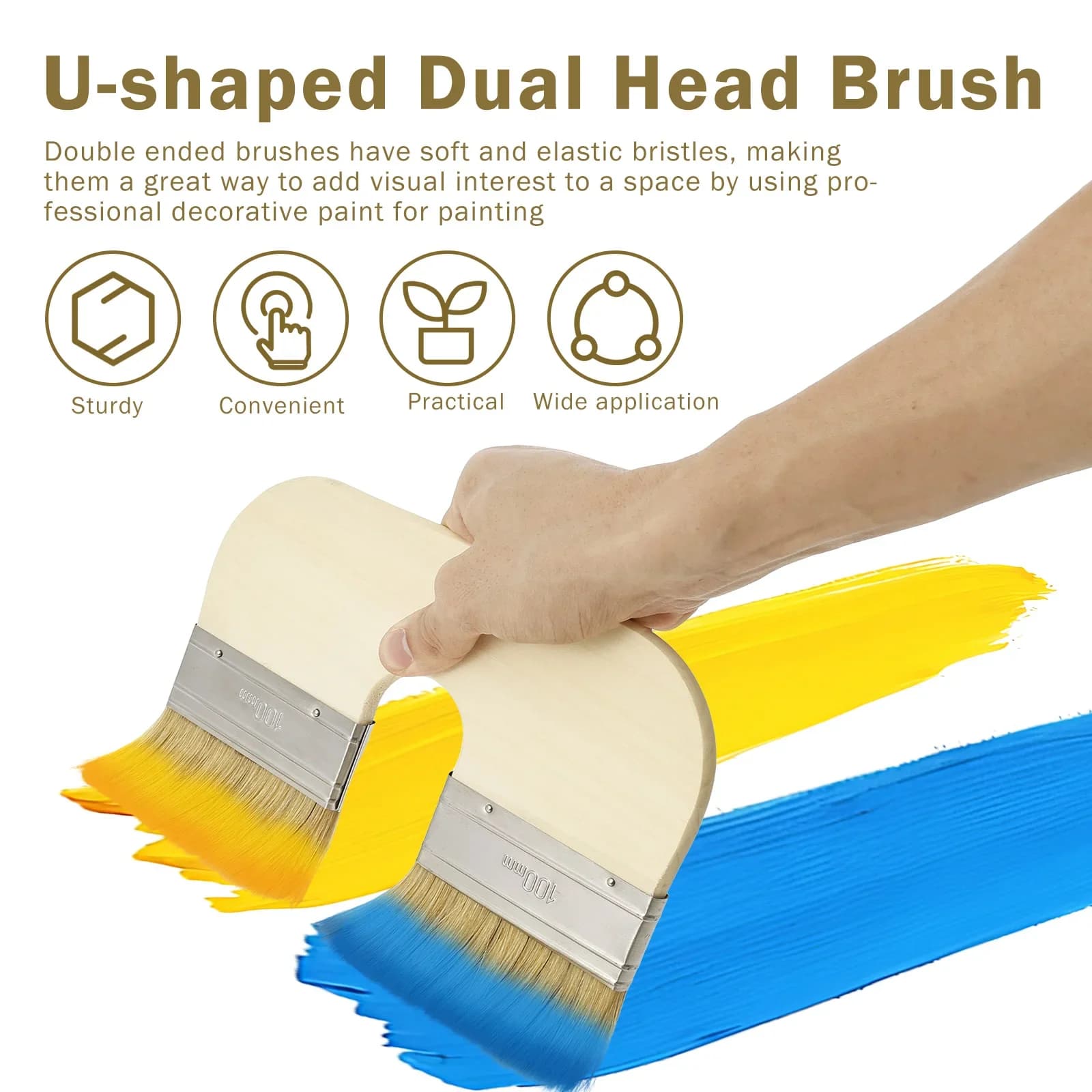 Set di pennelli Pennello a doppia testa a forma di U Pennello da 4 pollici di larghezza riutilizzabile a doppio colore Strumento artistico Pennelli in nylon per la pittura