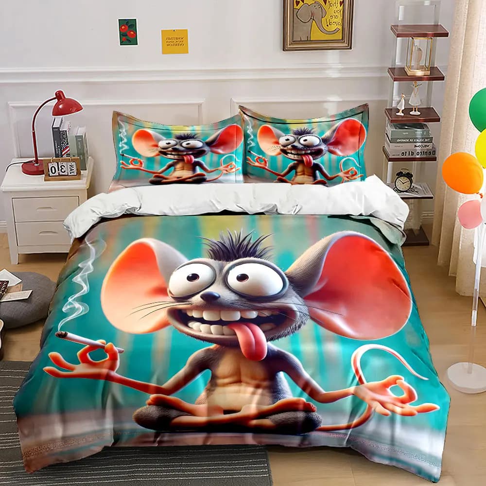 Quirky funny cartoon smoking mouse Print Bedding Set 1 Duvet Cover 2 Pillowcases for Adult and Children Luxury Gift Full Size