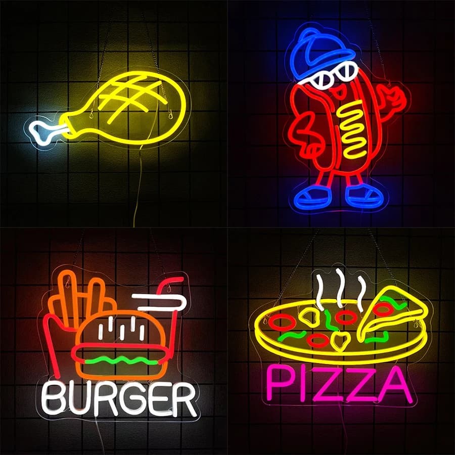 Insegna al neon a led per alimenti, icona di pizza per hamburger, utilizzata per ristoranti fast food, ristoranti, decorazioni per negozi, vedere l'icona di tua impresa.