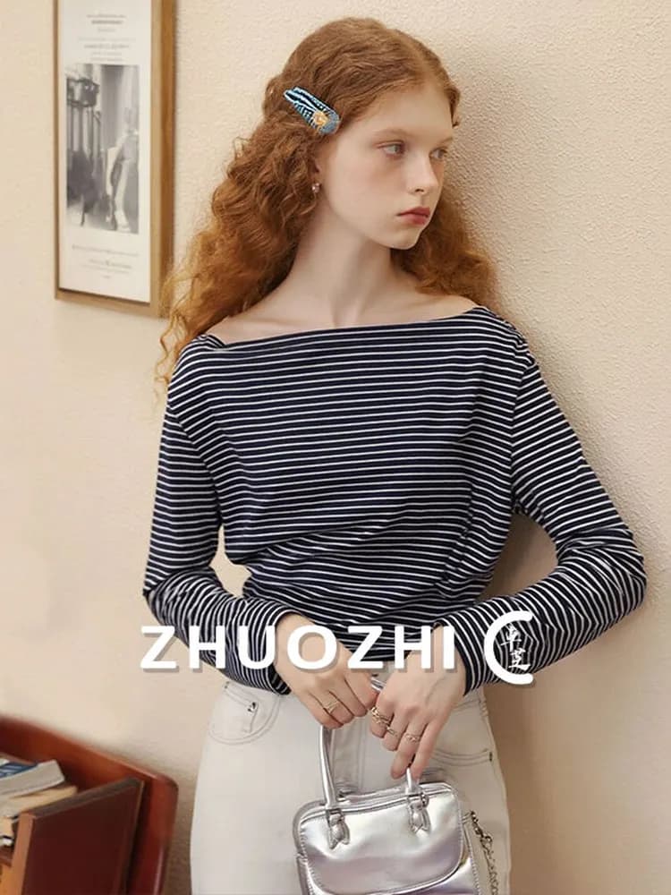 ZhuoZhi Korean Style Striped Pleated T-Shirt Shoulder Baring Slim Fit Skin Friendly Spring 2026 New Casual Long Sleeve Top