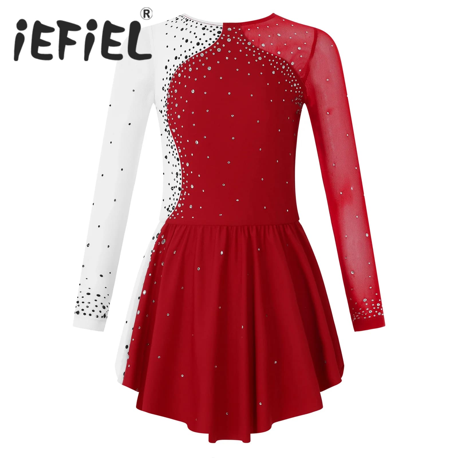 Vestito da pattinaggio di figura patchwork in rete a maniche lunghe per bambina, costume da competizione di danza con strass, vestito da tutu di balletto