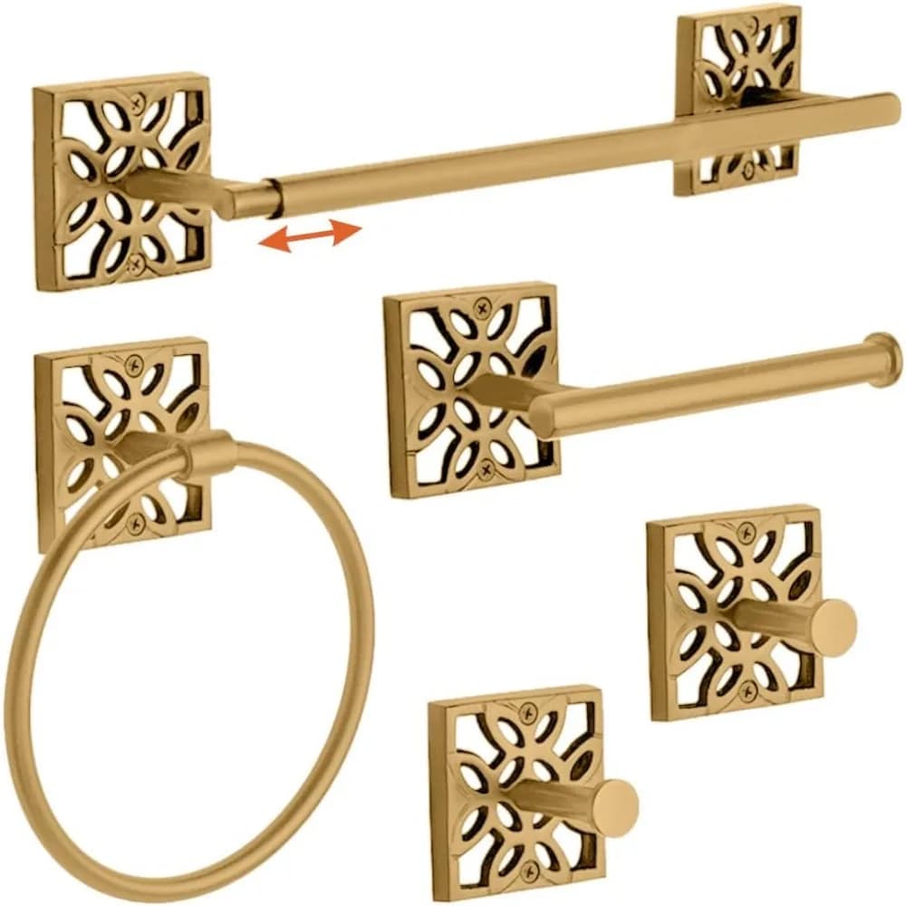 Set da bagno moderno in oro spazzolato da 5 pezzi: portasciugamani, anello portasciugamani, porta carta igienica, 2 ganci per accappatoio - Stile industriale