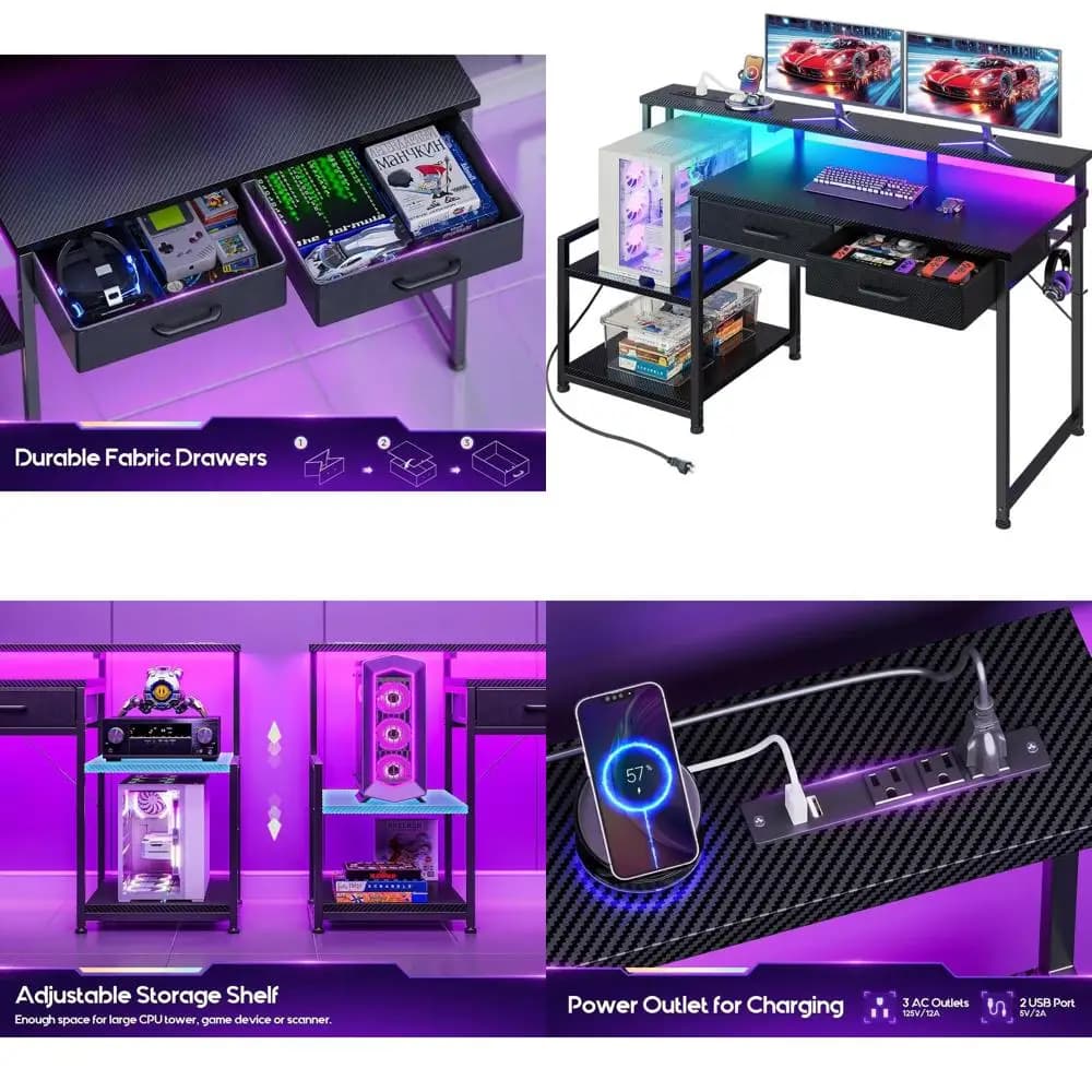 Scrivania da gioco 48 in fibra di carbonio illuminata a LED con presa di corrente, cassetti e supporto per monitor