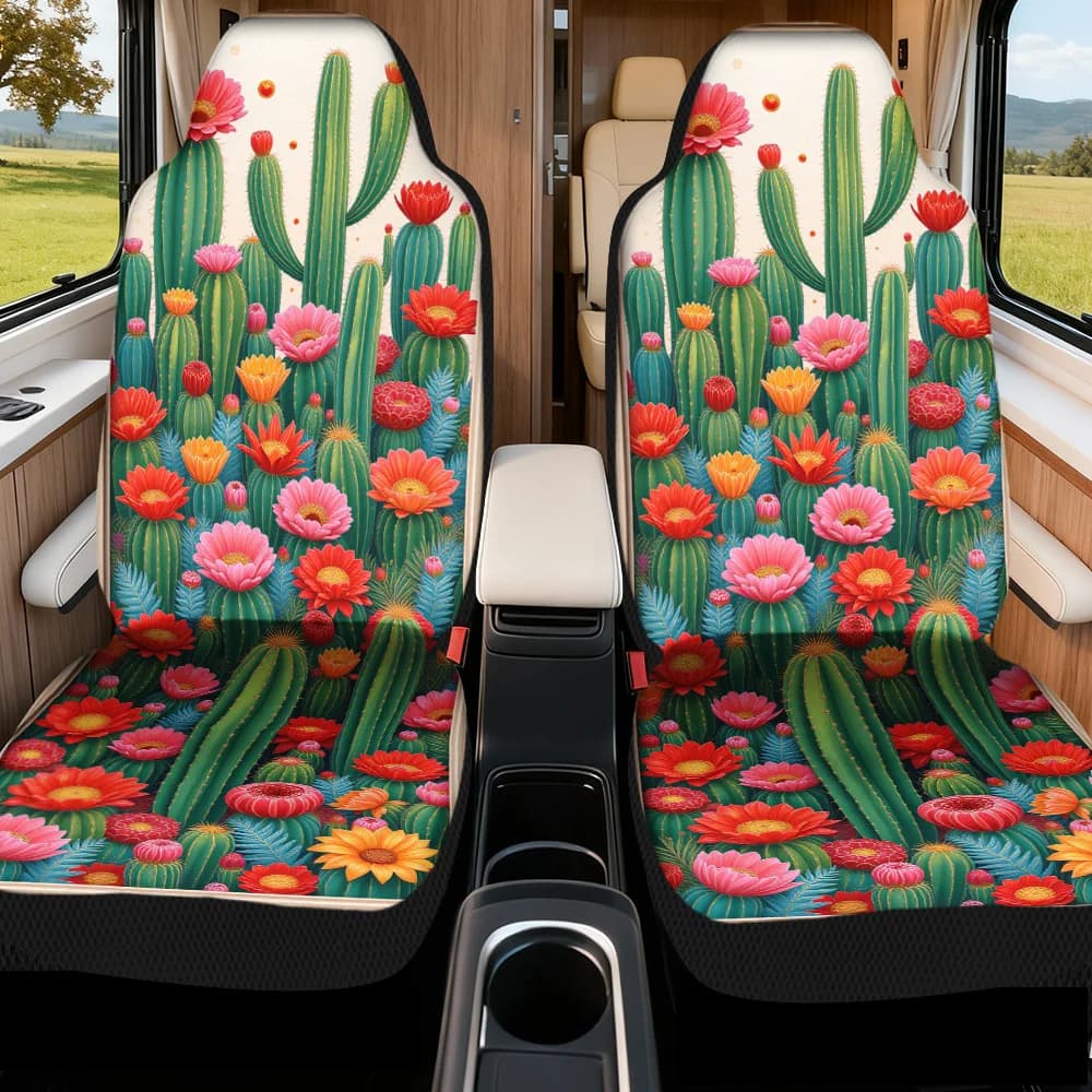 2D Flat Printing, 2pcs Colorful Cactus Garden Design Car Seat Covers, Durable And All Season Use, Universal Fit For Most Vehicle