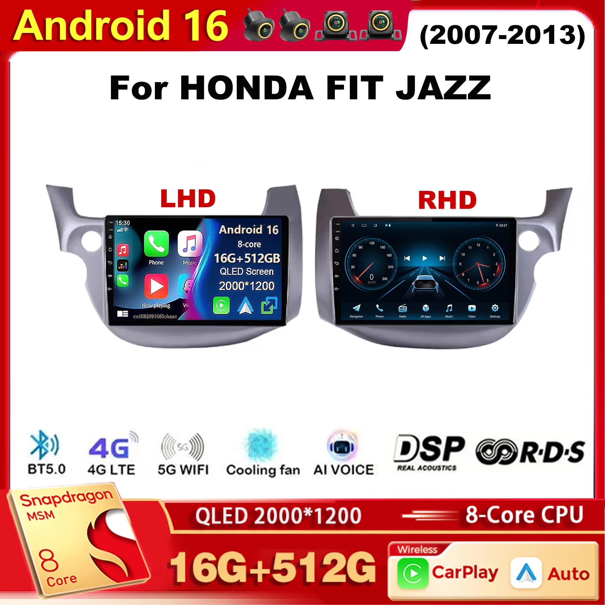Android 15 Qualcomm Autoradio Lettore Multimediale Per HONDA FIT JAZZ 2007-2013 Auto Carplay Car Stereo DSP wifi + 4G Ai voce 2 Din