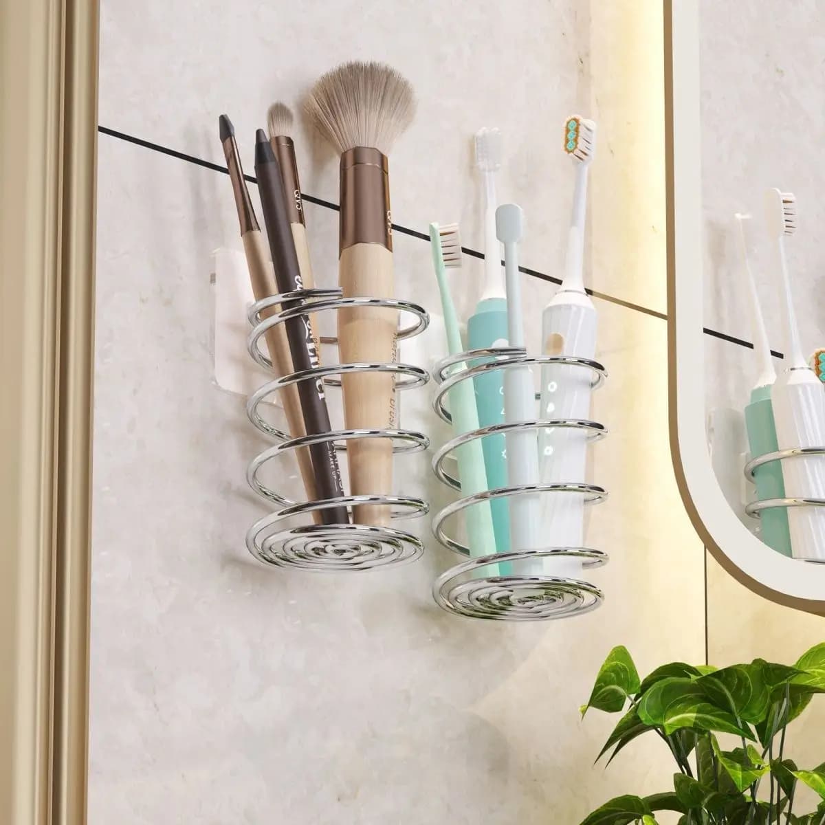 Portaspazzolino a spirale in acciaio inossidabile e portaspazzole per trucco, organizer da bagno 2 in 1 per piano di lavoro