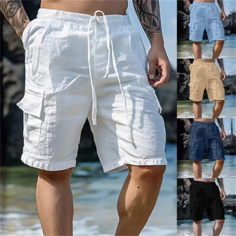 Pantaloncini larghi e traspiranti da uomo in cotone e lino con coulisse e tasche multiple in stile abbigliamento da lavoro.